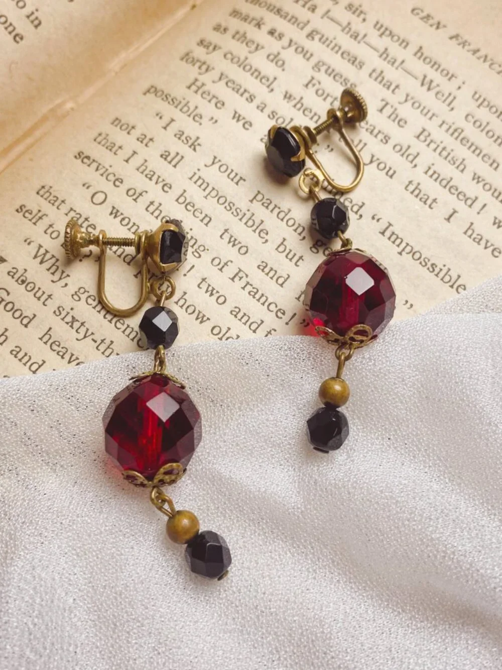 Vintage Screwback Red Crystal Glass Jewel Victorian Style Brass Drop Earrings